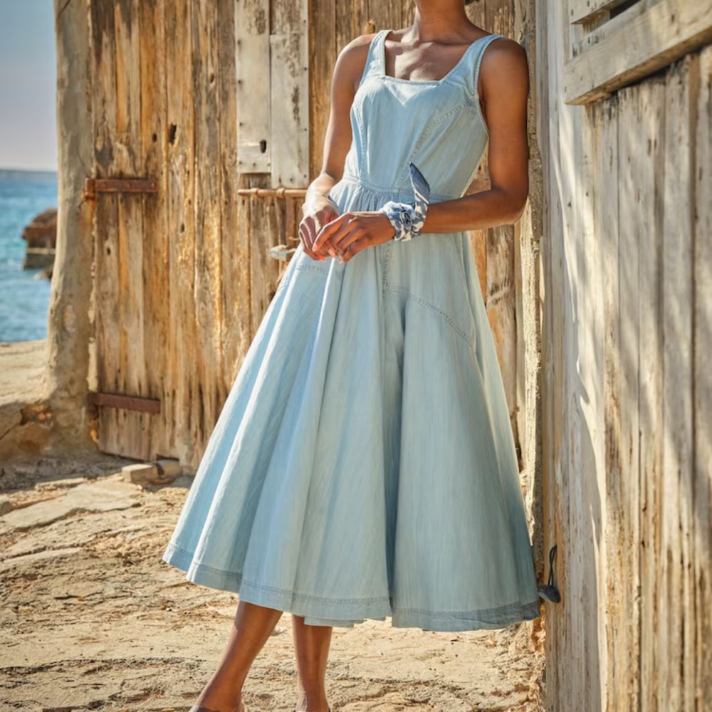 Fat Face Blue Sleeveless V-Neck A-Line Midi Dress